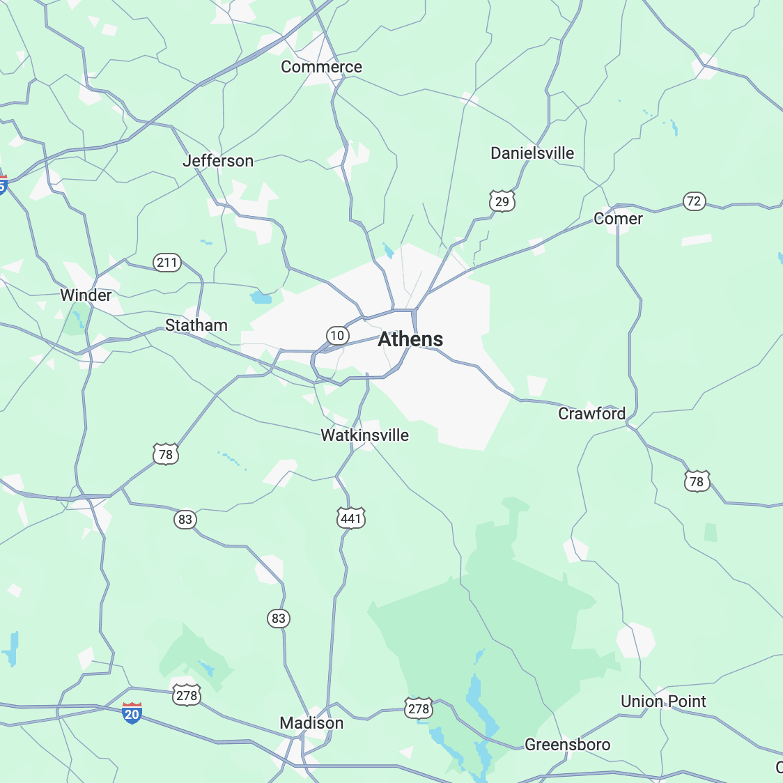 A map of Athens, GA and surrounding counties